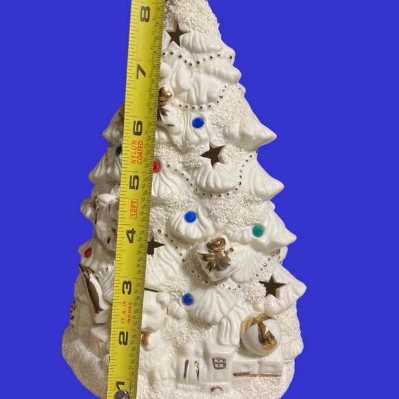 Ceramic Christmas Tree Lighted With Decorations And Gold Colored Accents - Picture 8 of 10